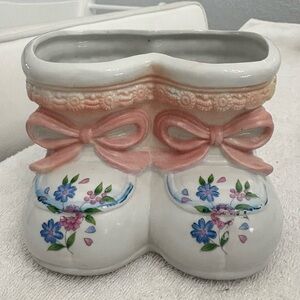 Vintage Ceramic Baby Boot Planter with Pink Accents